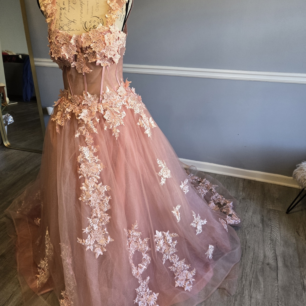 Elegant Pink Floral Lace Evening Gown Wedding Prom Dress - Picture 4 of 8